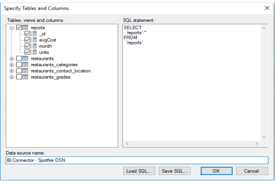 Screenshot of the Spotfire Specify Tables dialog