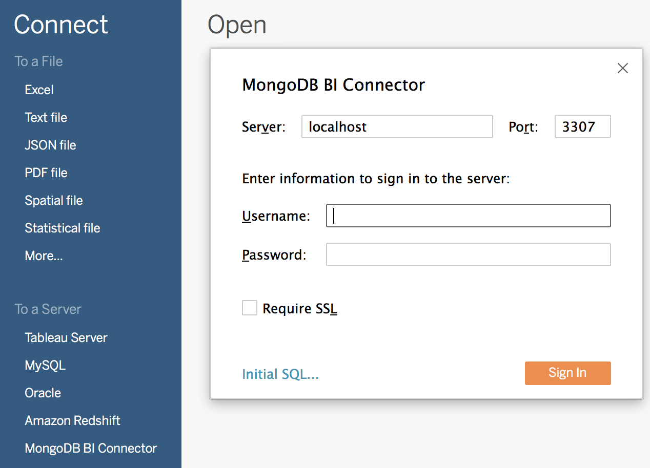 Screenshot of Tableau with the MongoDB BI connection panel open