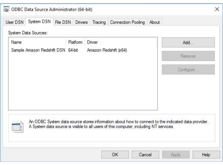 Screenshot of the Windows ODBC Administrator application
